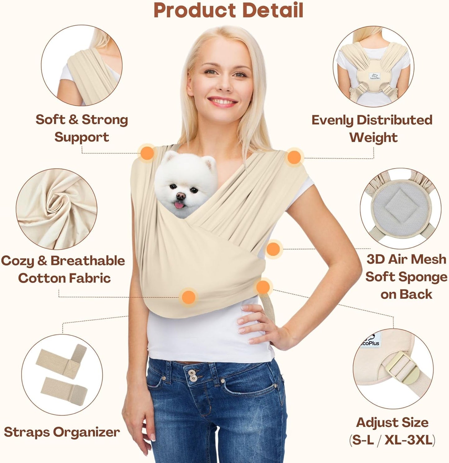 Dog Carriers for Small Dogs, Front Facing Dog Sling Carrier, Hands Free Cat Carrier, Size Adjustable, Reducing Back Pain, Premium Cotton, Safe and Soft Dog Carrier (Plus, Beige)