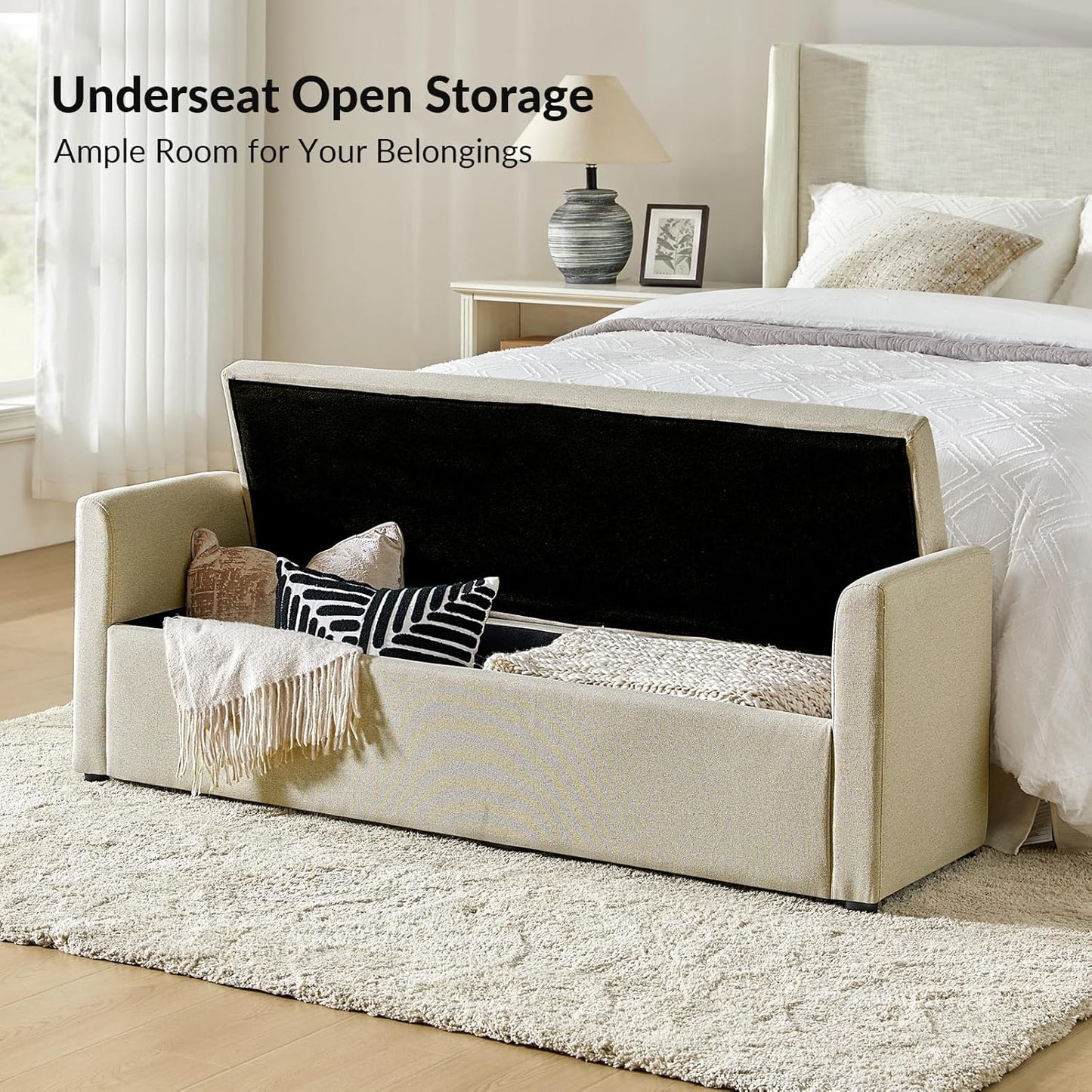 HULALA HOME Modern Storage Bench with Throw Pillows, 59.4" Extra Long Bedroom Ottoman Bench for End of Bed, Comfy Upholstered Footstool for Entryway Dining Room Living Room, Beige