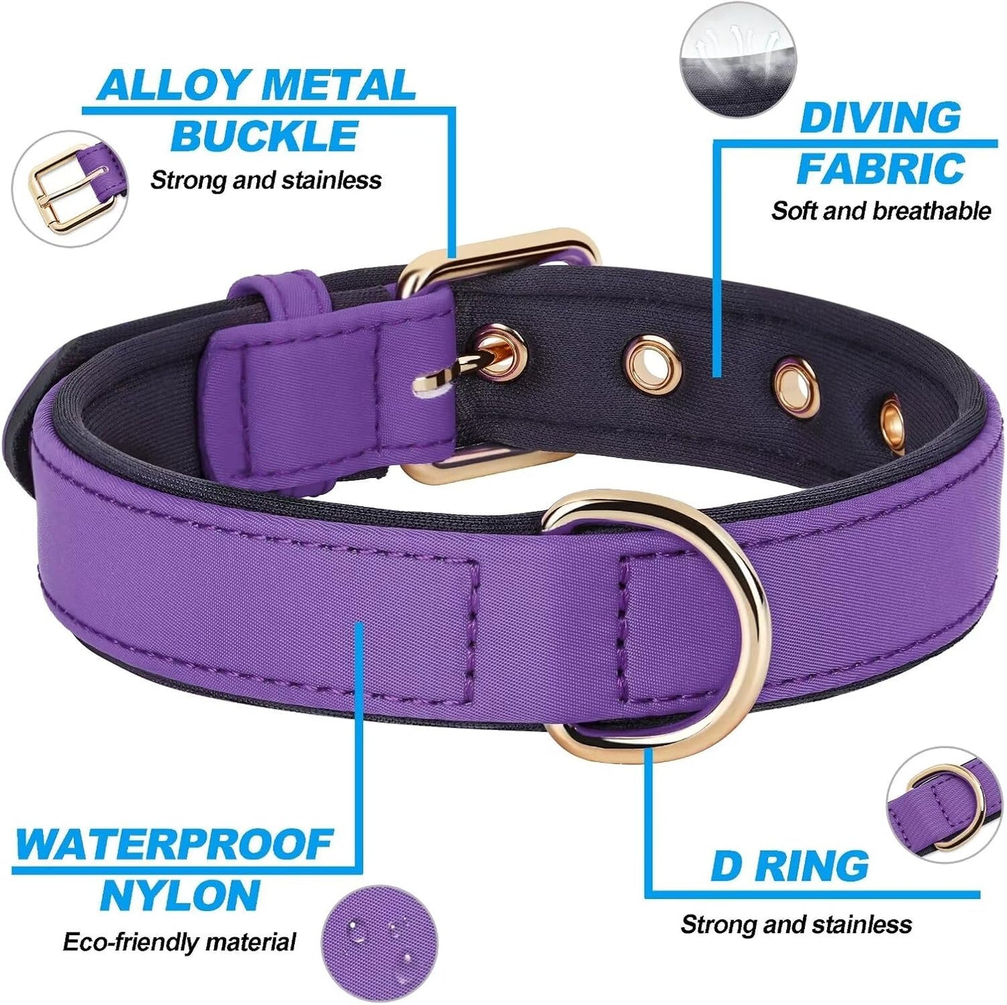 Didog Soft Padded Dog Collars for Medium Dogs, Lightweight and Breathable Purple Dog Collar with Metal Buckle, Purple, L