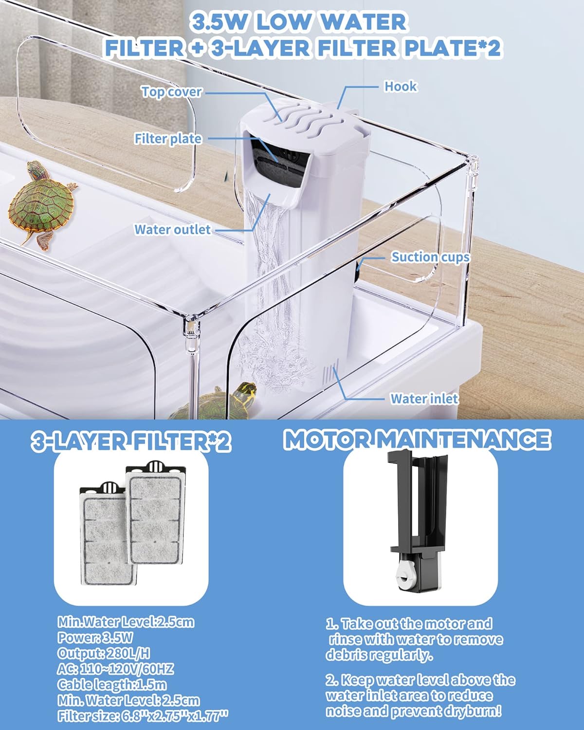 Small Turtle Tank with Filter, Turtle Aquarium, Acrylic Turtle Terrarium with Basking Platform, Bottom Drainage, Multi-Function Areas for Turtles, Crayfish, Small Reptiles.(Tank+Filter)