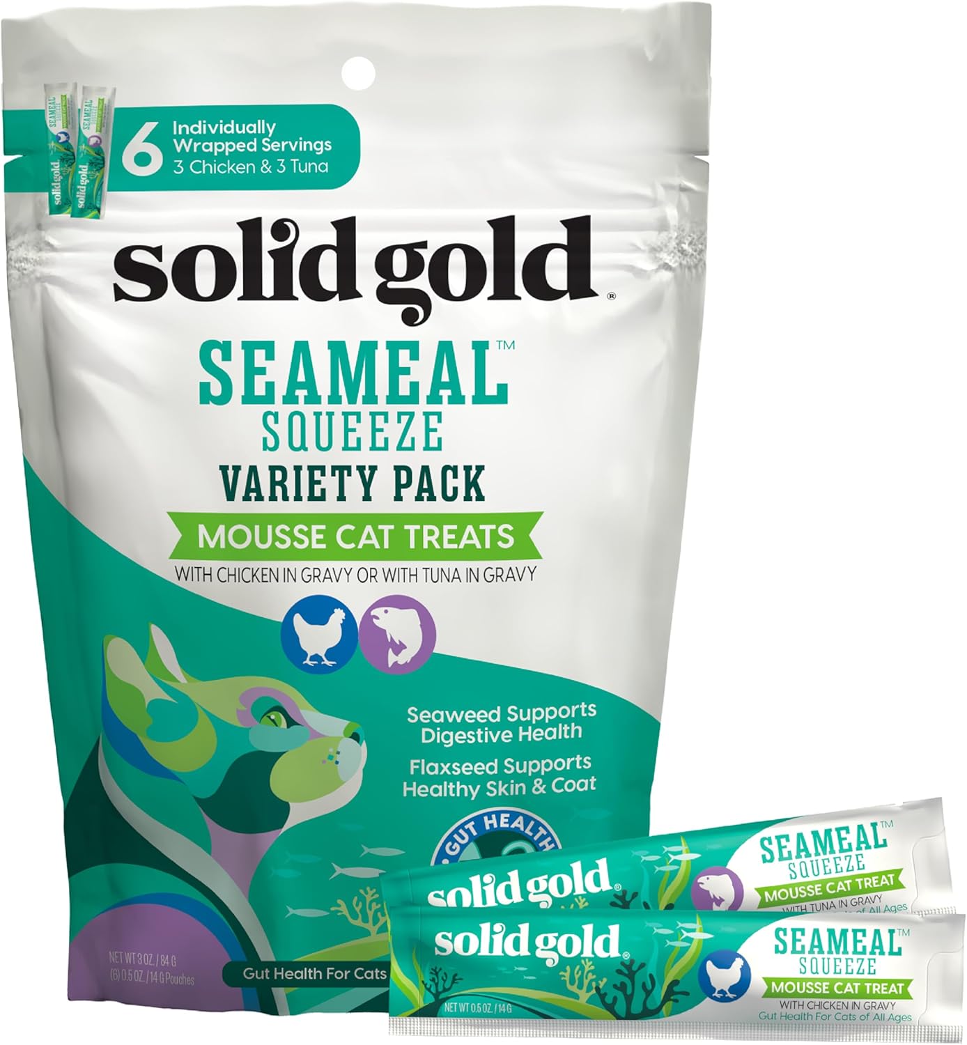 Solid Gold Lickable Cat Treats - Limited Ingredient SeaMeal Squeezable Healthy Cat Treats Variety - Chicken & Tuna Snack & Topper Squeeze Ups for Cats w/for Gut & Immune Support - 3oz/6ct