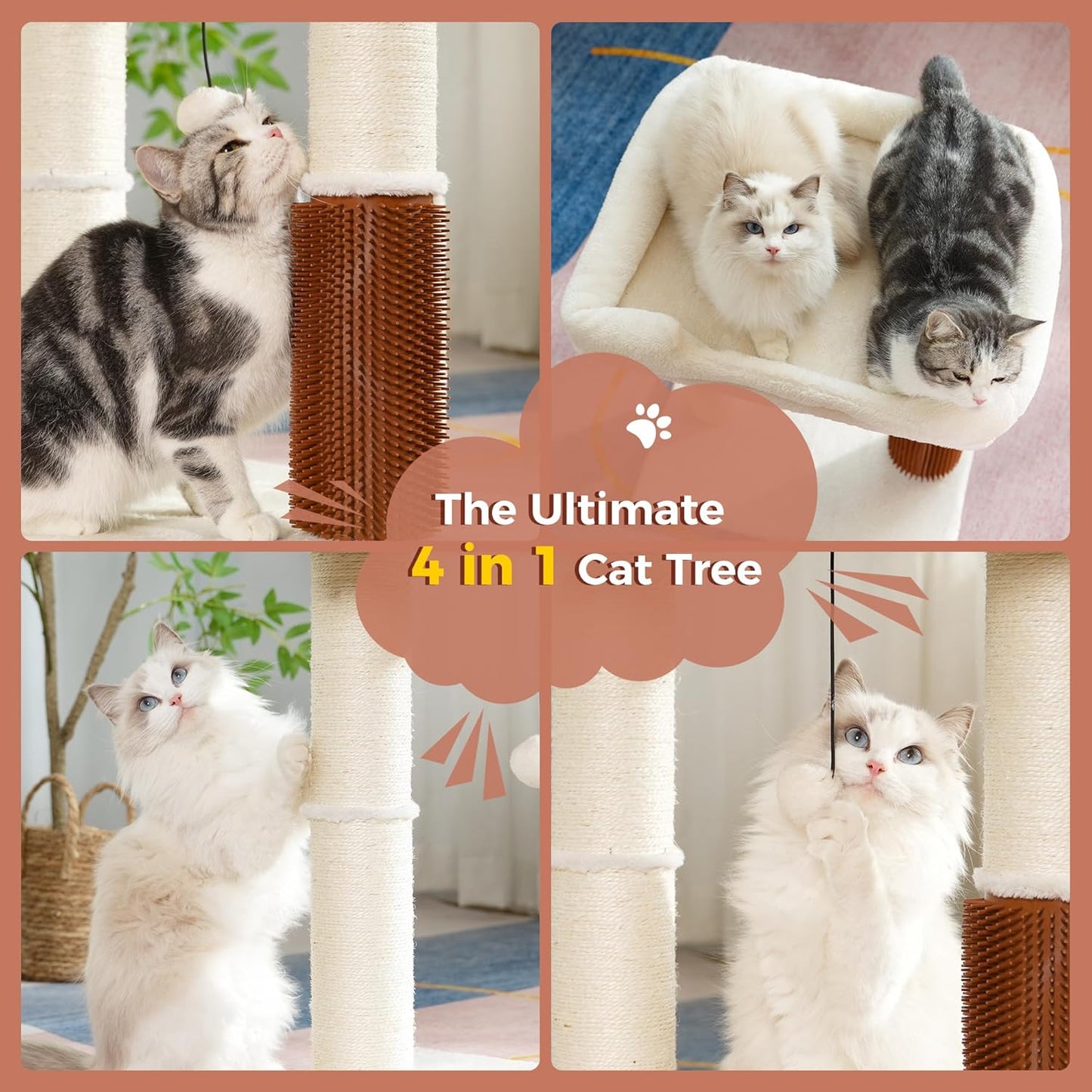 Cat Tree Tower for Large Cats Cat Scratching Post with Cat Self Groomer, 20x15.7” Wide Top Bed, Thick Scratch Post [Dia=4.5”] and Danging Ball Great for Indoor Cats-Large Beige