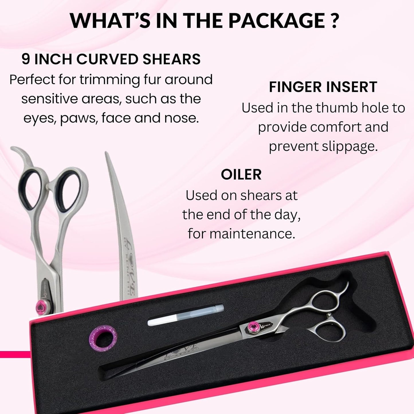 Kenchii Love Left Handed Dog Grooming Scissors, 9 Inch Curved Shears, Dog Scissors for Grooming, Professional Pet Grooming Scissors, Ergonomic & Comfortable