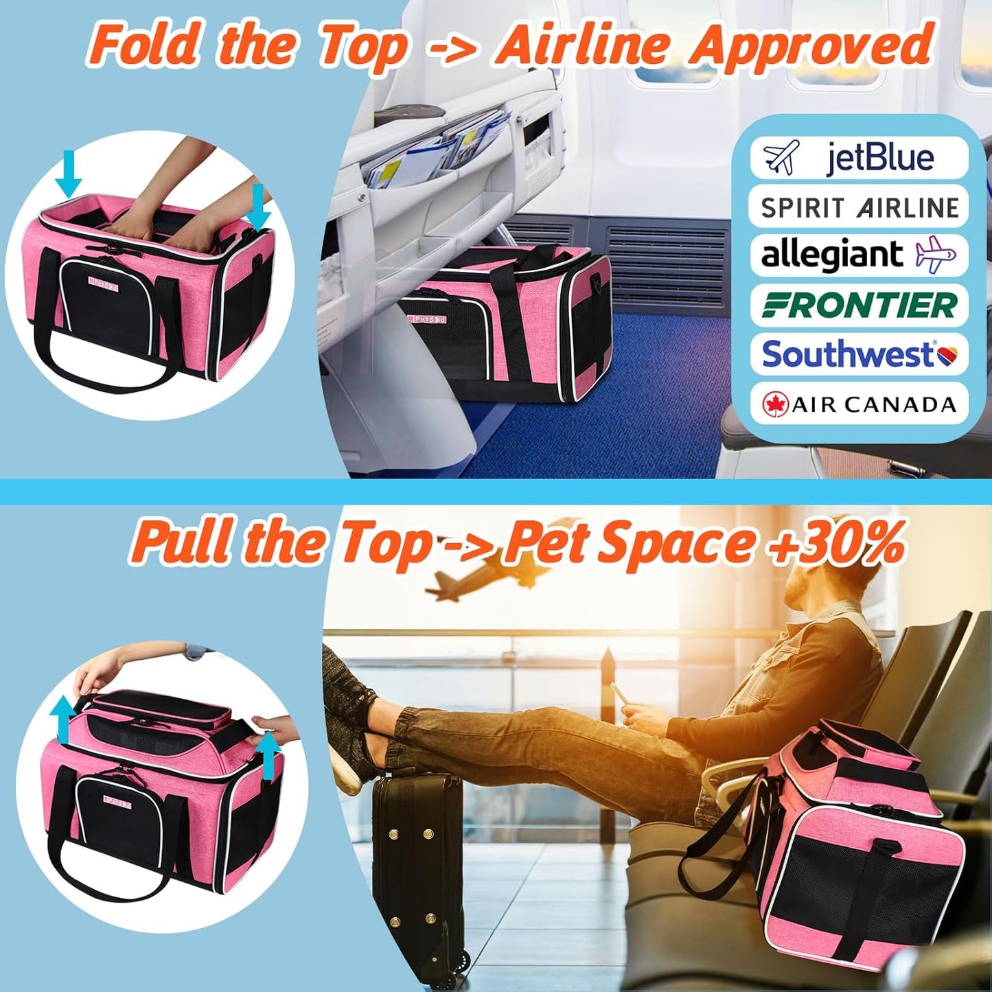 Petskd Top-Expandable Pet Carrier 17x12x8.5 Inches JetBlue Allegiant Spirit Airline Approved, Soft-Sided Carrier for Small Cats and Dogs with Locking Safety Zippers and Anti-Scratch Mesh(Pink)