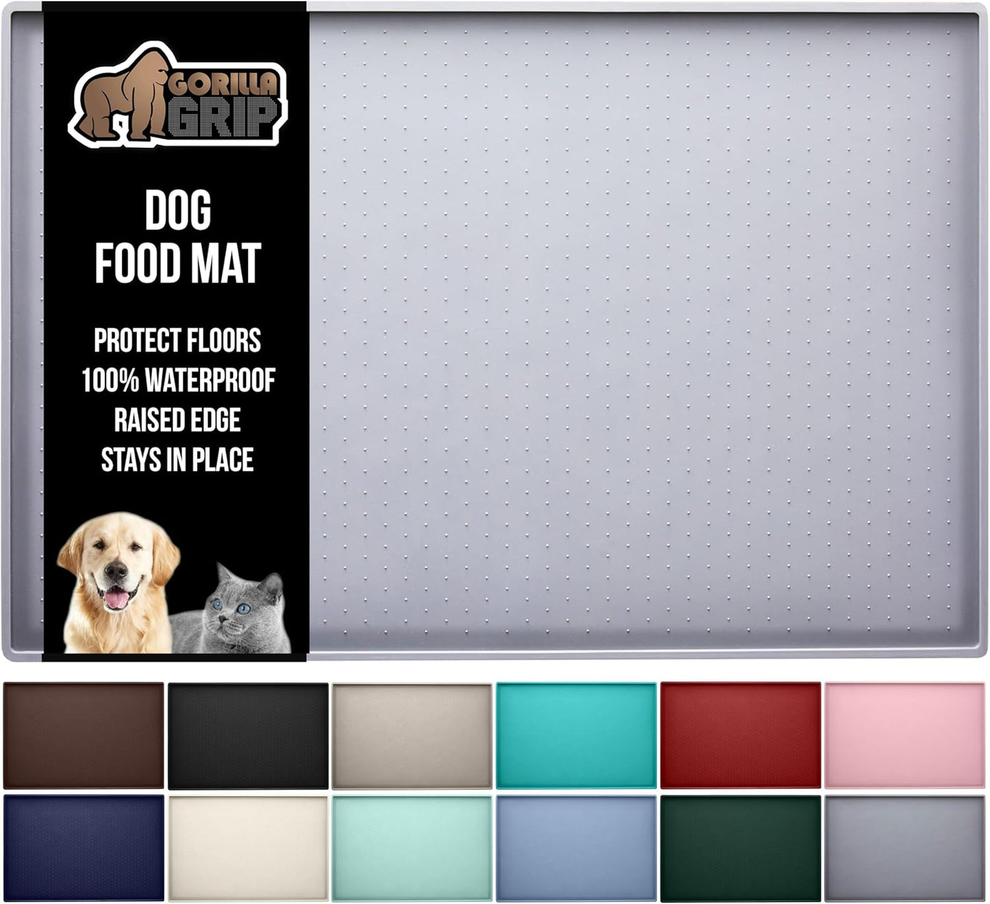 GORILLA GRIP 100% Waterproof Raised Edge BPA Free Silicone Pet Feeding Mat, Dog Cat Food Mats Contain Spills Protects Floors, Placemats for Cats, Dogs Water Bowl, Pets Accessories 28x18 Light Gray