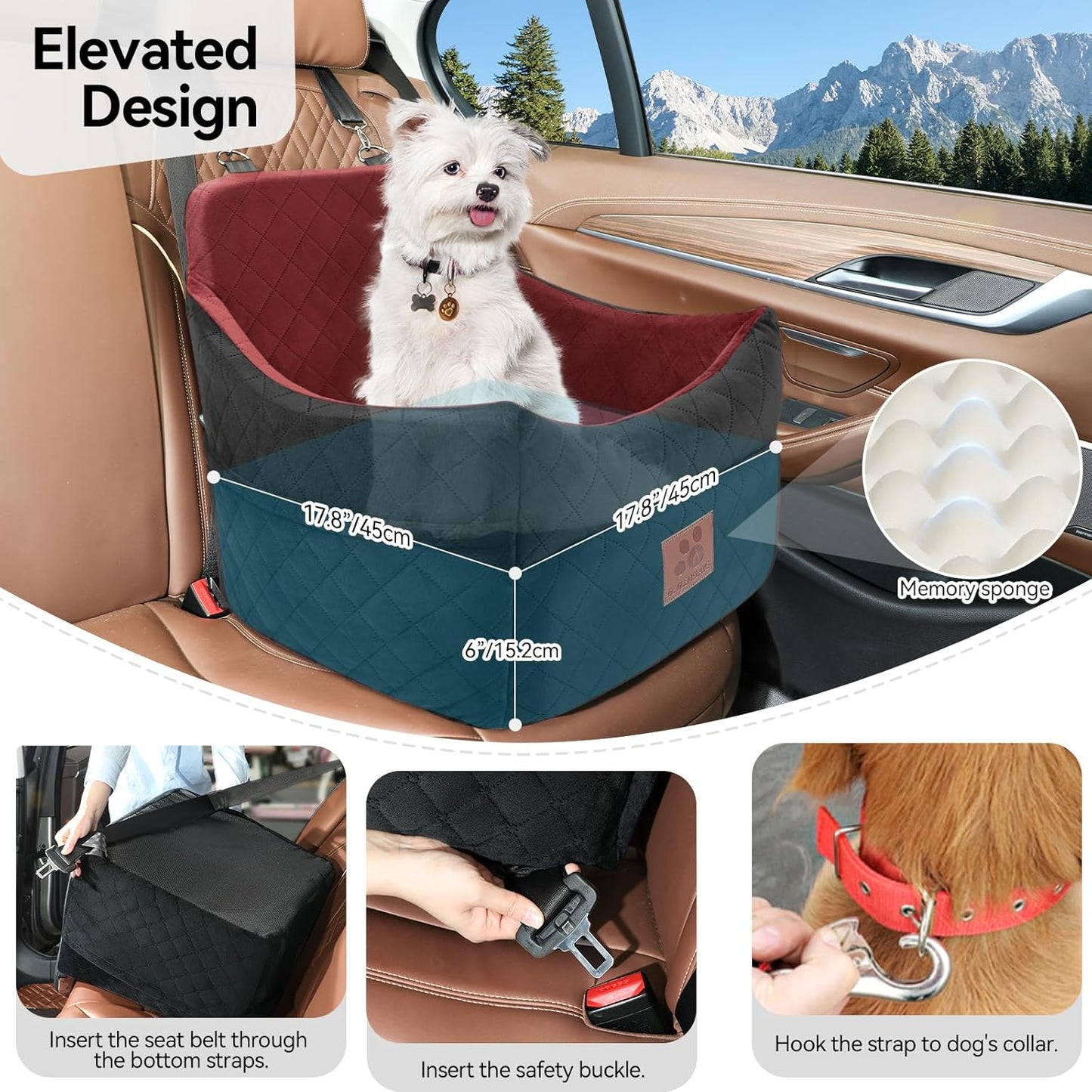 Dog Car Seat for Small/Medium Dogs, Dog Booster Car Seats with Thick Cushion for Dogs Under 35lbs, Detachable Washable Pet Car Seat with Storage Pockets, 2 Safety Belts(Black/Red)