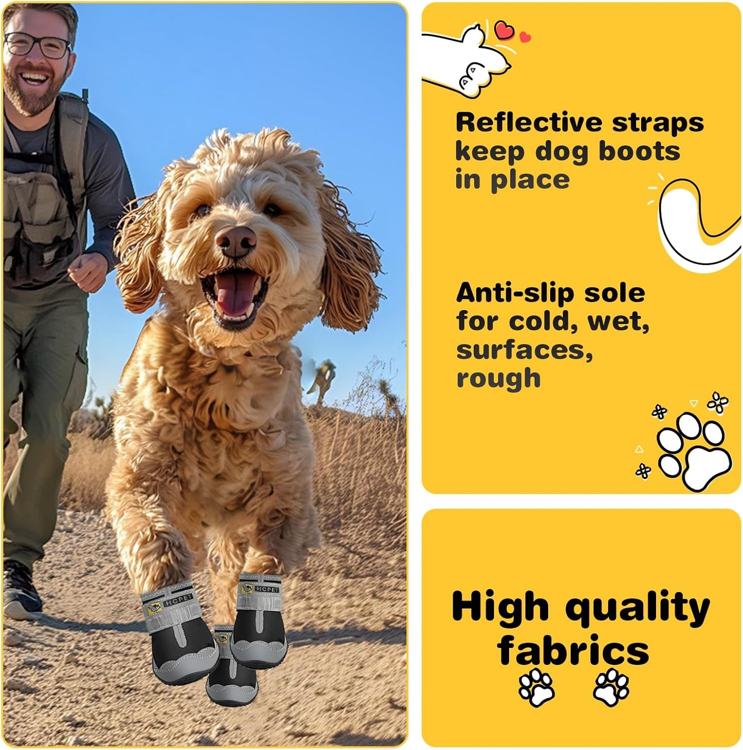Hcpet Dog Shoes for Large Dogs, Waterproof Dog Booties for Small Medium Dogs, Anti-Slip Dog Boots & Paw Protectors for Hot Pavement Winter Snow Hiking with Reflective Straps Black Size 3