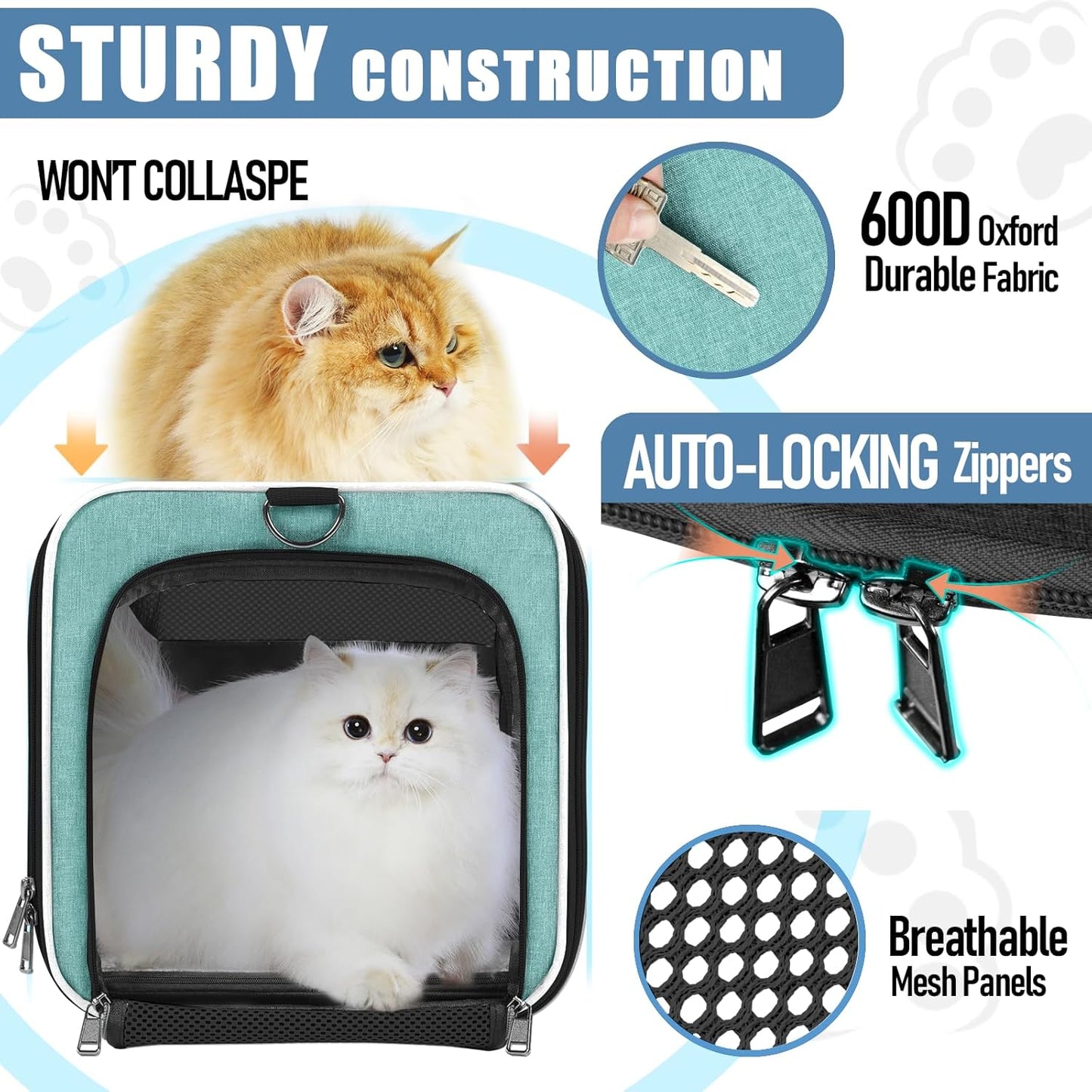 Soft Cat Carrier Large Cat 20 lbs/Kitty Cat Travel Crate for Pet Top Load/Small Dog Sturdy Transport Fabric Carry Bag 10 Pounds/Yorkie Kennel with Pocket Teal Aqua