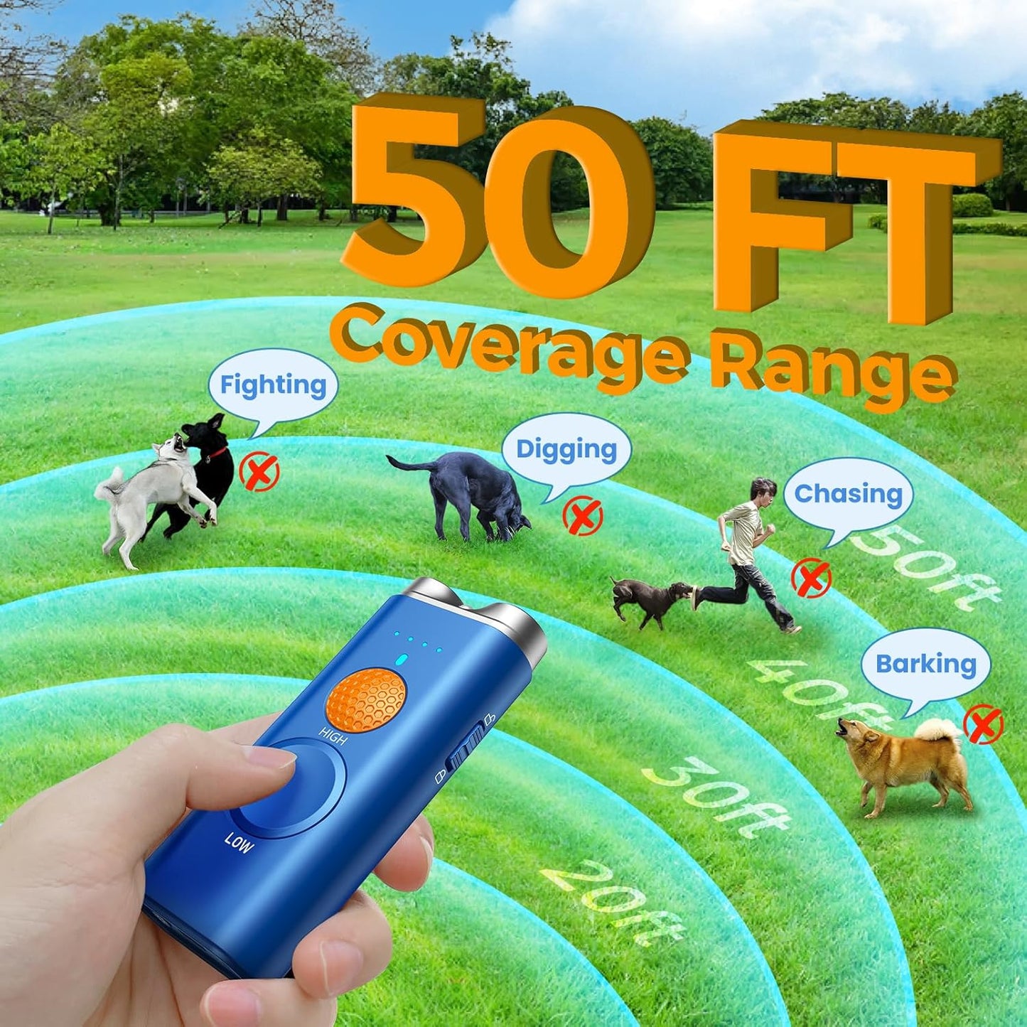 Dog Bark Deterrent Device, 3-in-1 Anti Barking Device for Dogs Barks No More Ultrasonic Dog Training 50ft Rechargeable Portable 2X Power Emitters for Behavior Correction Safe & Effective for All Dogs
