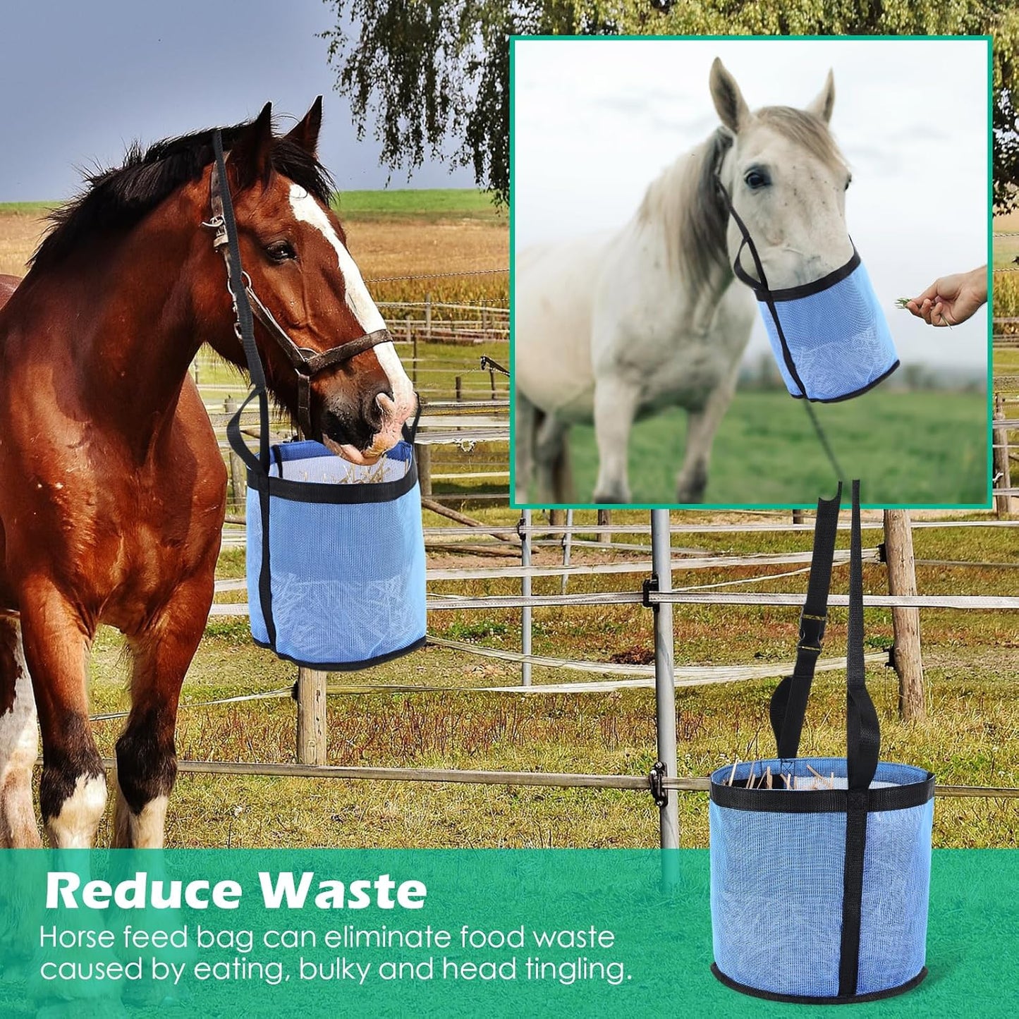 2 Pcs Horses Feed Horse Bag for Grain Hay Bags Heavy Duty Mesh Horse Feeder with Adjustable Strap Comfort Neck Pad Nose Pad and Waterproof Bottom Muzzle(Blue)