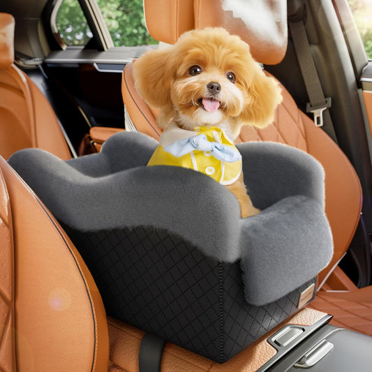 Portable Small Dog Seat for Car(Up to 11LB),Luxury Center Console Dog Car Seat Booster with Safety Tethers,Auti-Collapse Pet Travel Carrier for SUV,Truck.(Black/Grey)
