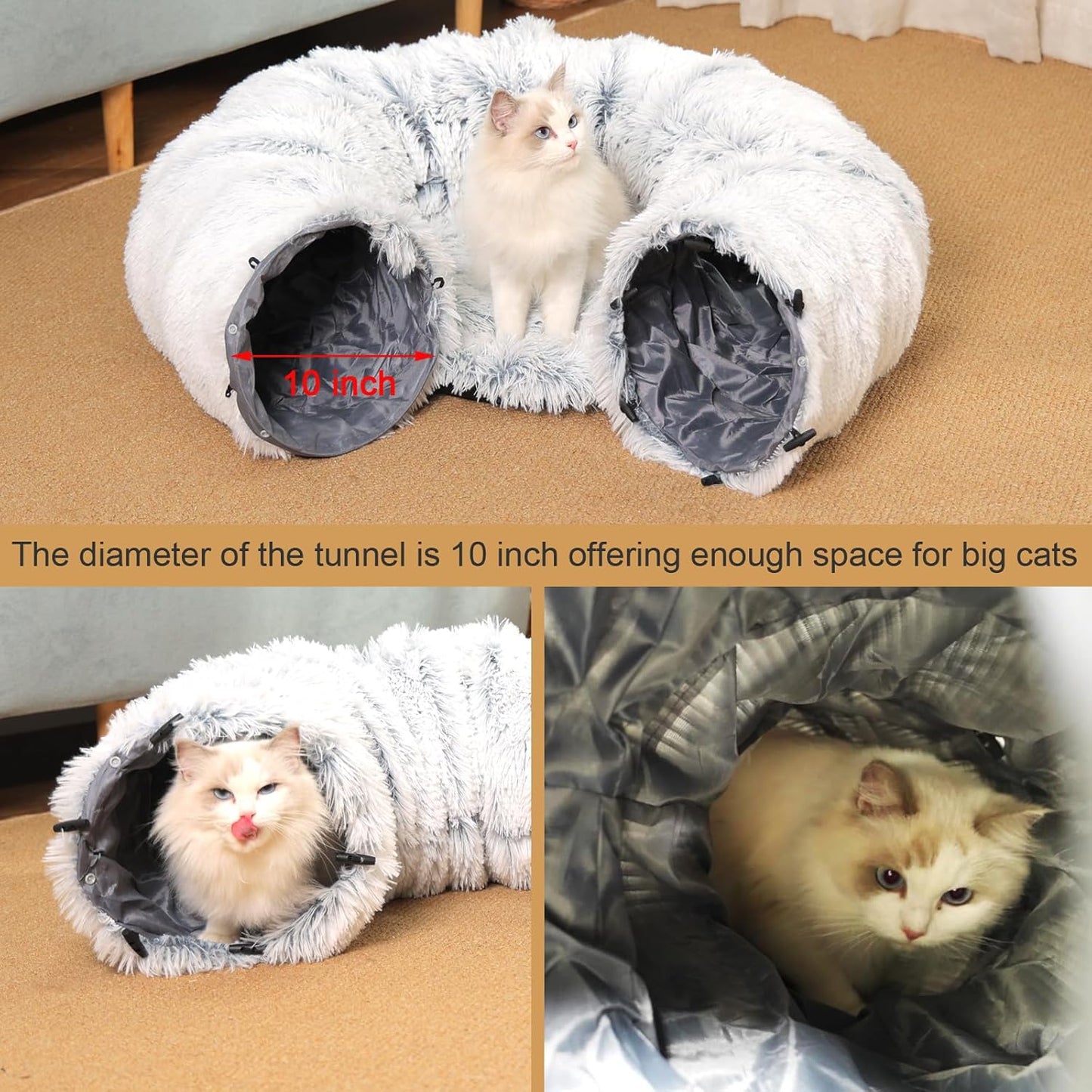 Cat Tunnel with Cat Bed for Indoor Cats, Soft Plush Peekaboo Cat Cave Donut Tunnel, Multifunctional Playground Toys Hideplace for Small Medium Large Kittens, Rabbit, Ferret
