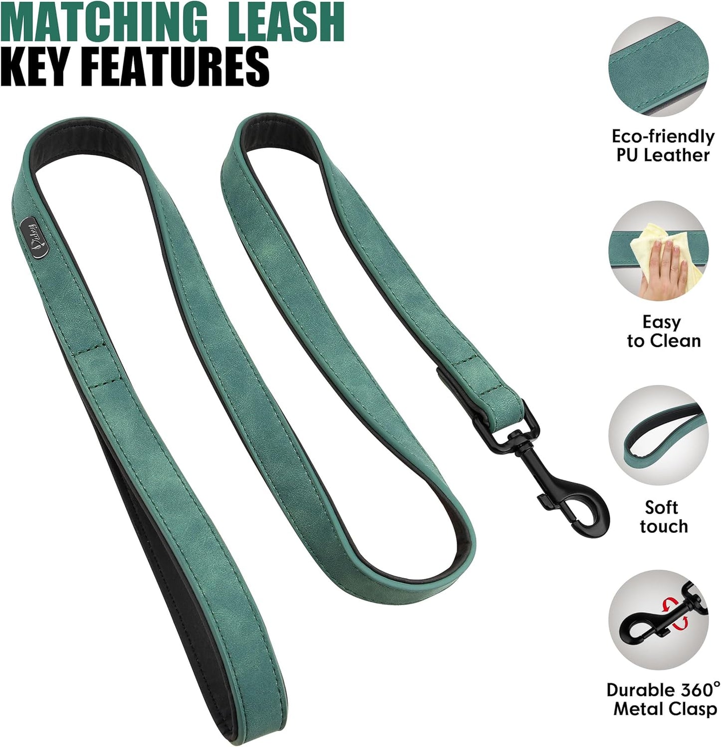 Didog Soft Padded Leather Dog Collar and Leash Set, Adjustable 4FT Faux Leather Dog Leash and Collar Set with Metal Buckle for Small Medium Large Dogs, Green, L