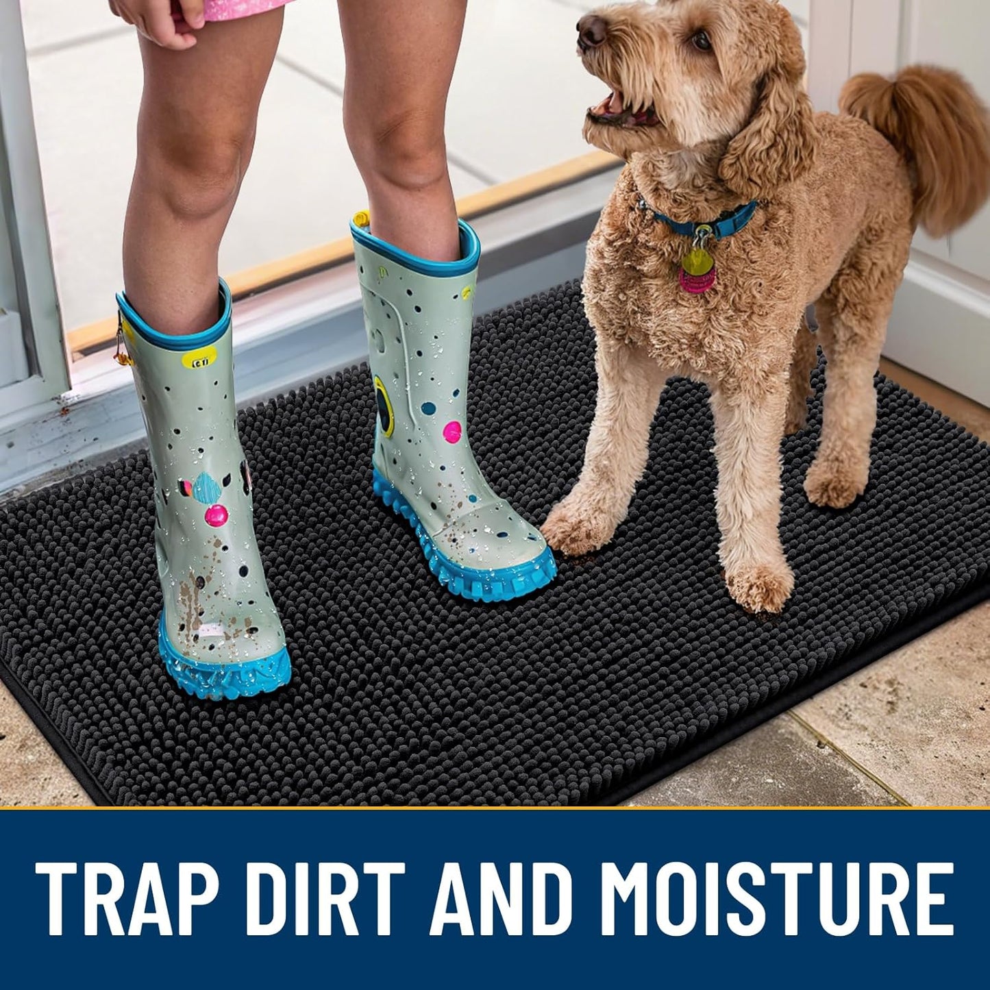 Smiry Dog Door Mat for Muddy Paws 47x24, Absorbs Moisture and Dirt Doormat, Non-Slip Washable Quick Dry Chenille Front Door Mat Indoor Entrance, Entryway Carpet for Inside Floor, Black