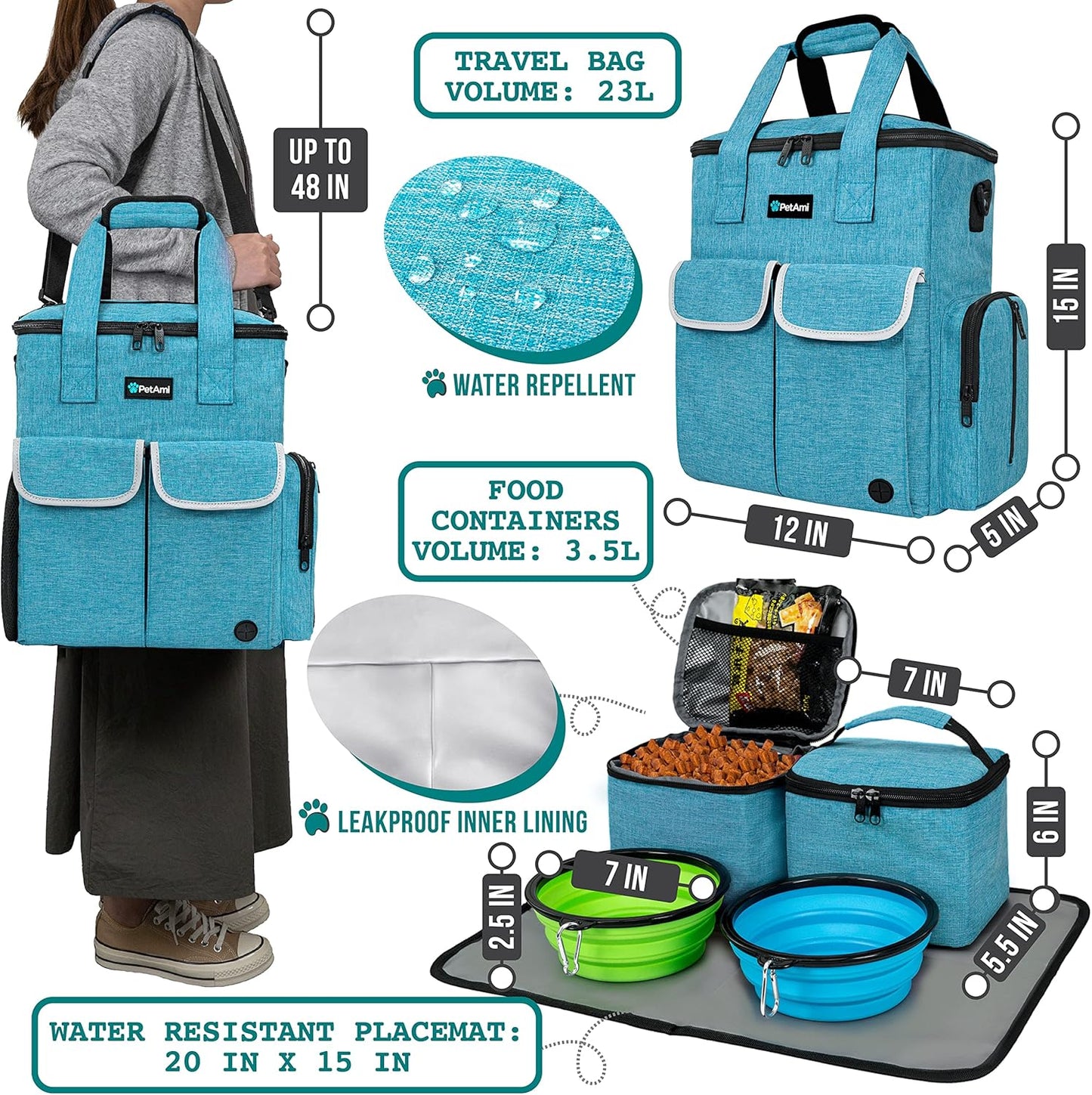 PetAmi Dog Travel Bag Pet Supplies Accessories Organizer for Traveling, Camping, Weekend; Cat Pet Travel Bag Kit Includes 2 Food Storage Containers, 2 Collapsible Bowls, 1 Feeding Mat (Teal Blue)