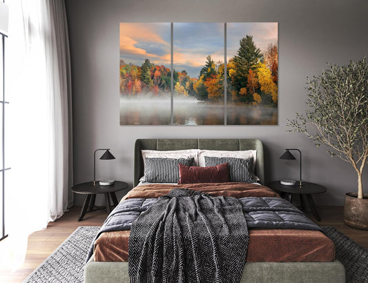 Nature Wall Art Prints - Ocean Forest Mountain Lake Canvas Landscapes - Small to Extra Large Living Room Bedroom Kitchen Bathroom Décor (Misty Fall Reflection, 31L" x 47W" - 3 Panels)