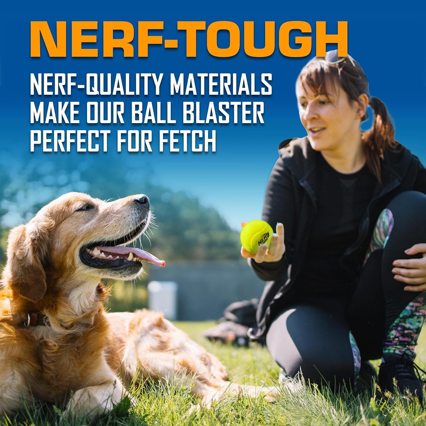 Nerf Dog Tennis Ball Blaster Dog Toy Gift Set, Tennis Ball Dog Fetch Toy Launches up to 50 ft, Dog Ball Thrower for All Breeds Includes Translucent Blue Tennis Ball Launcher and 3 Dog Tennis Balls