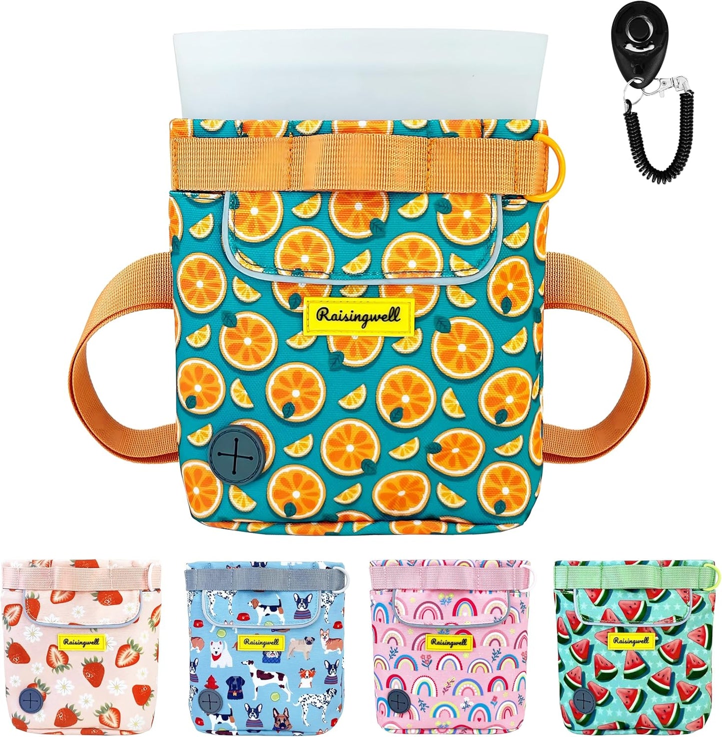Dog Treat Pouch for Pet Walking and Training with Clicker 2 Cup Silicone Bag Small Fanny Pack Holder for Puppy Snack Dispenser Kit for Leash and Outdoor Use (Fruit Orange)