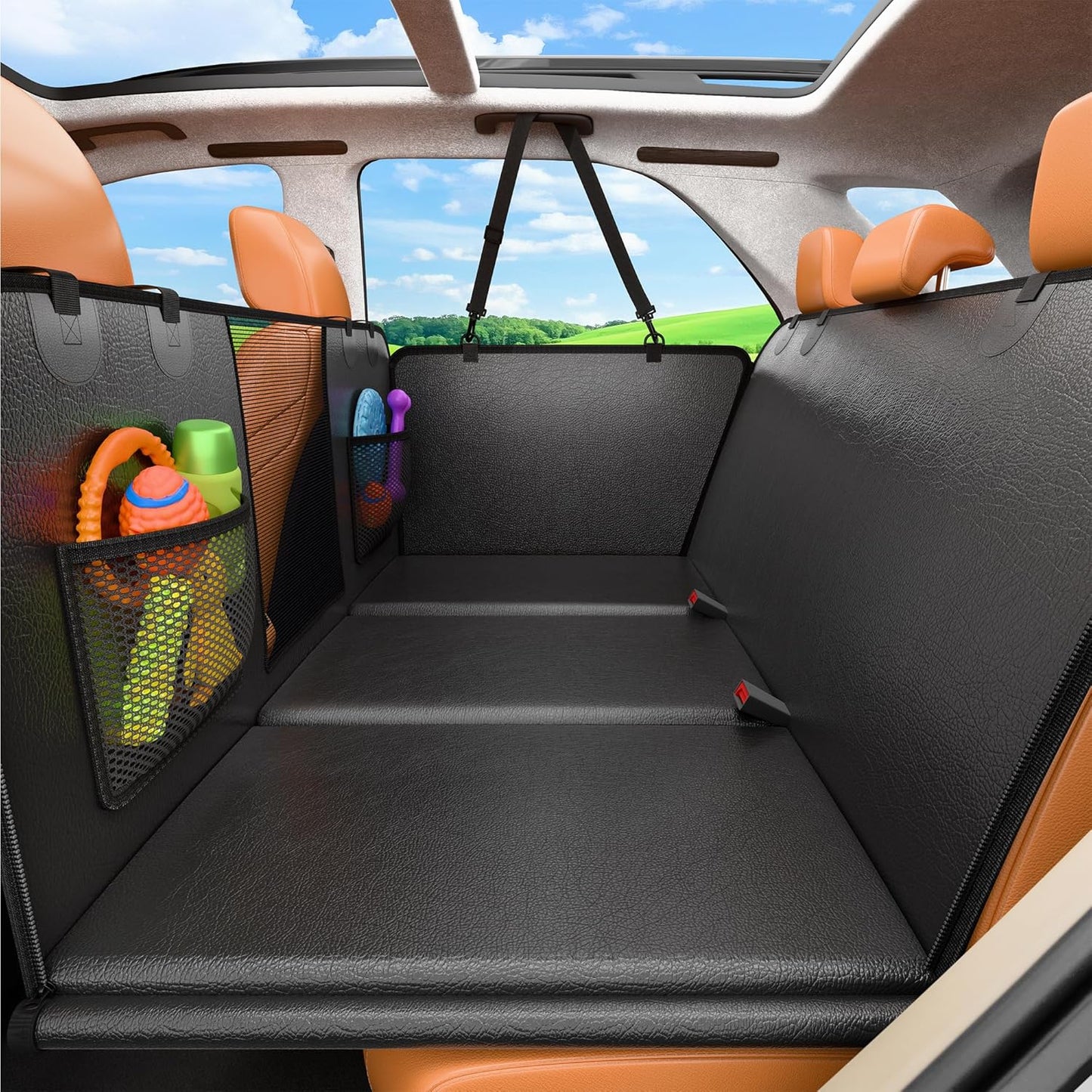 URPOWER PU Leather Back Seat Extender for Dogs – Hard Bottom Dog Car Seat Cover Holds 400 lbs, Anti-Scratch & Waterproof Dog Hammock for Cars, SUVs & Small Trucks, Dogs Car Bed Pet Backseat Protector