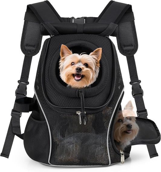 WOYYHO Pet Dog Carrier Backpack with Top and Side Windows, Small Dog Front Backpack Ventilated Mesh Dog Back Pack with Safety Belt for Travel Hiking Outdoor Adventures (Size M: 5-9 lbs, Black 2.0)