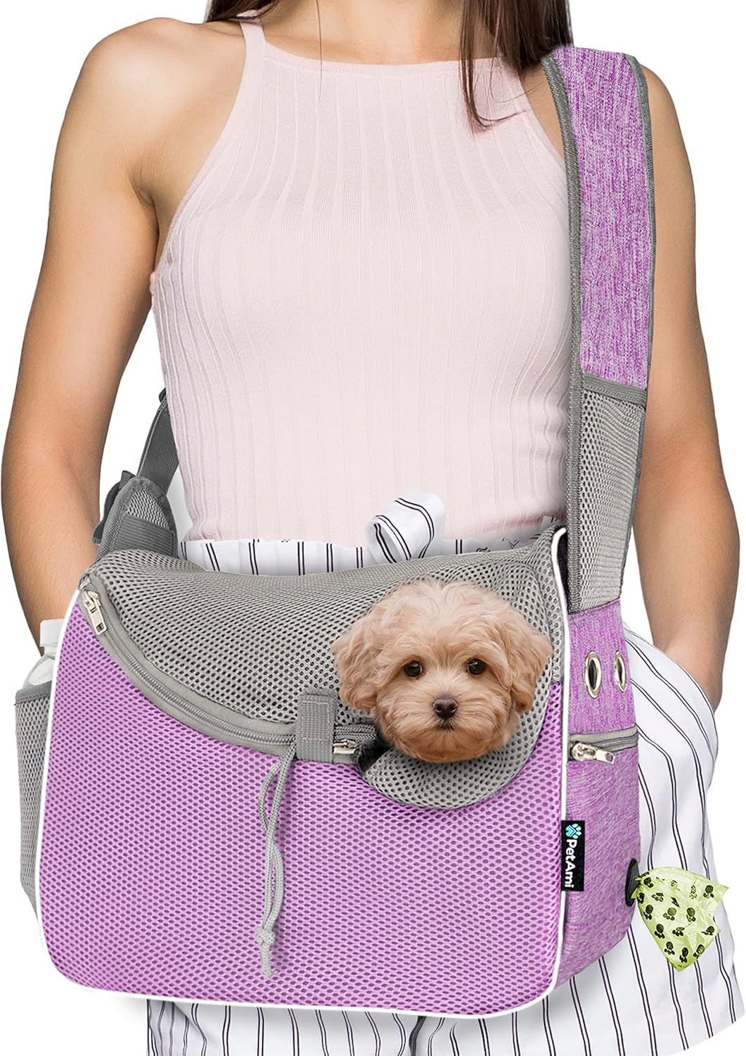 PetAmi Small Dog Sling Carrier, Soft-Sided Crossbody Puppy Carrying Purse Bag, Adjustable Sling Pet Pouch to Wear Medium Dog Cat Travel, Dog Bag for Traveling, Poop Bag Dispenser, Max 10 lbs, Purple