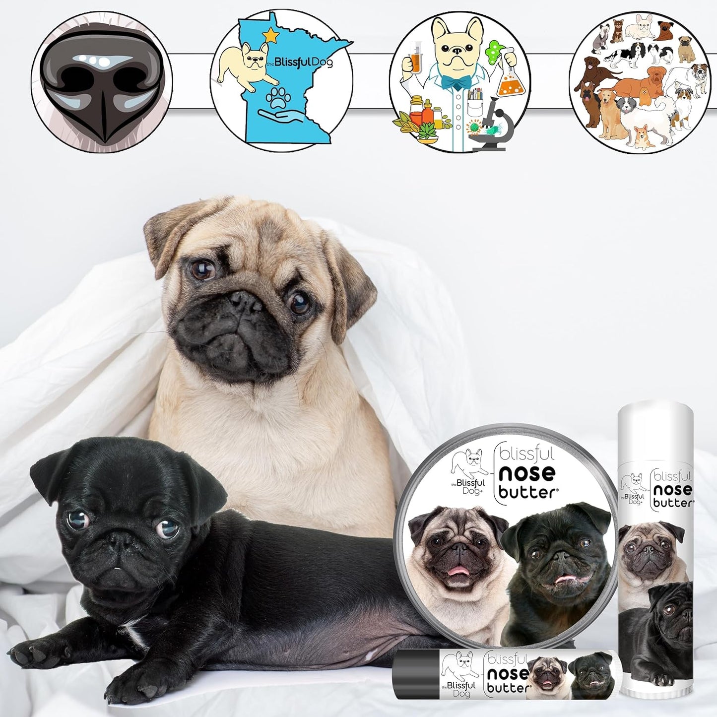 The Blissful Dog Pug Duo Unscented Nose Butter - Dog Nose Butter, 0.15 Ounce