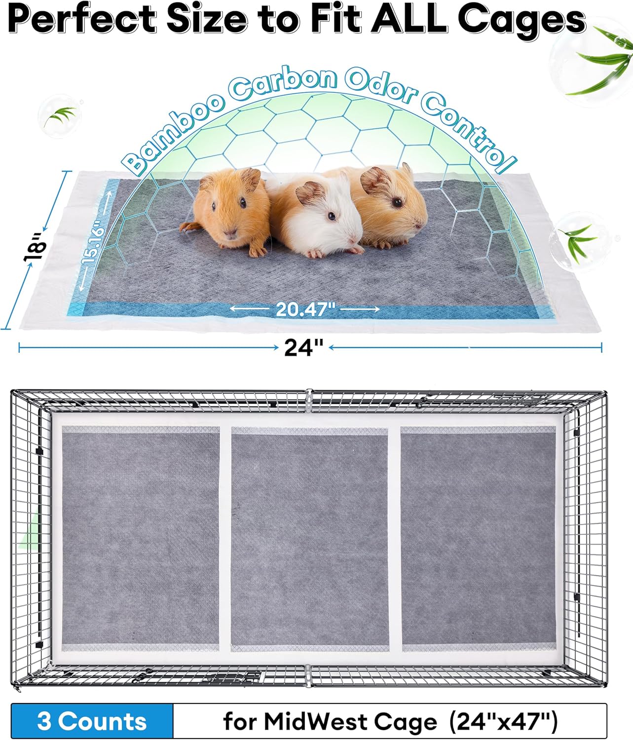 BUCATSTATE 50 Count Disposable Guinea Pig Cage Liners, Super Absorbent Guinea Pig Bedding, Bamboo Charcoal Odor Control Pee Pads for Rabbits, Ferrets and Small Animals (18''x24'')