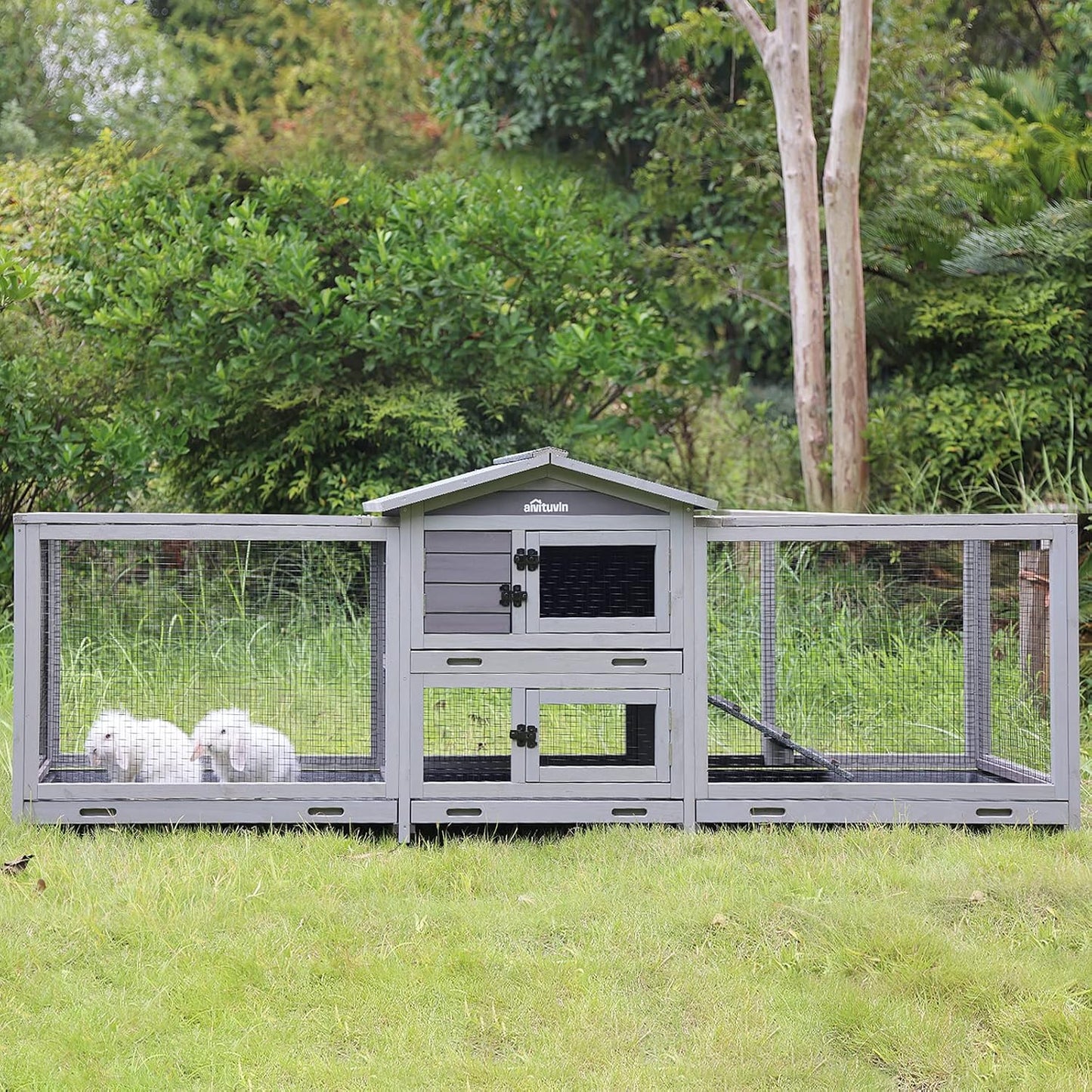 Aivituvin Rabbit Hutch 93.7" Large Rabbit Cage Indoor Outdoor Guinea Pig Cage Chicken Coop on Wheels Bunny Cage with 4 Deep No Leakage Pull Out Tray,Waterproof Roof