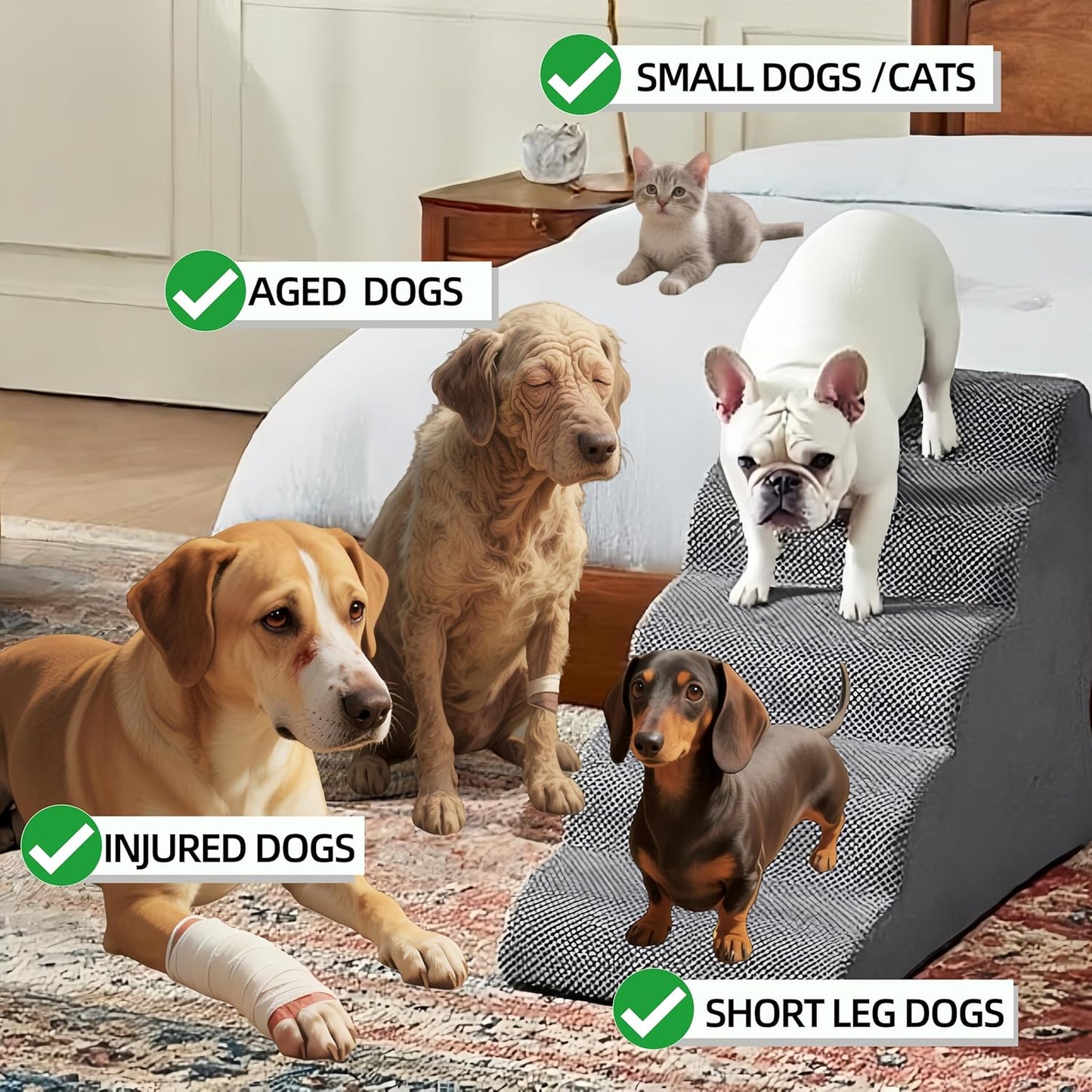 5 Step Pet Stairs Ramp for High Beds Sofas 5-30 Inch with Sturdy Non Slip Waterproof Pads, Machine Washable Cover Indoor Balanced Design for Cats Dogs Small Medium Large XL Pets Grey (Pink, Large, 1)