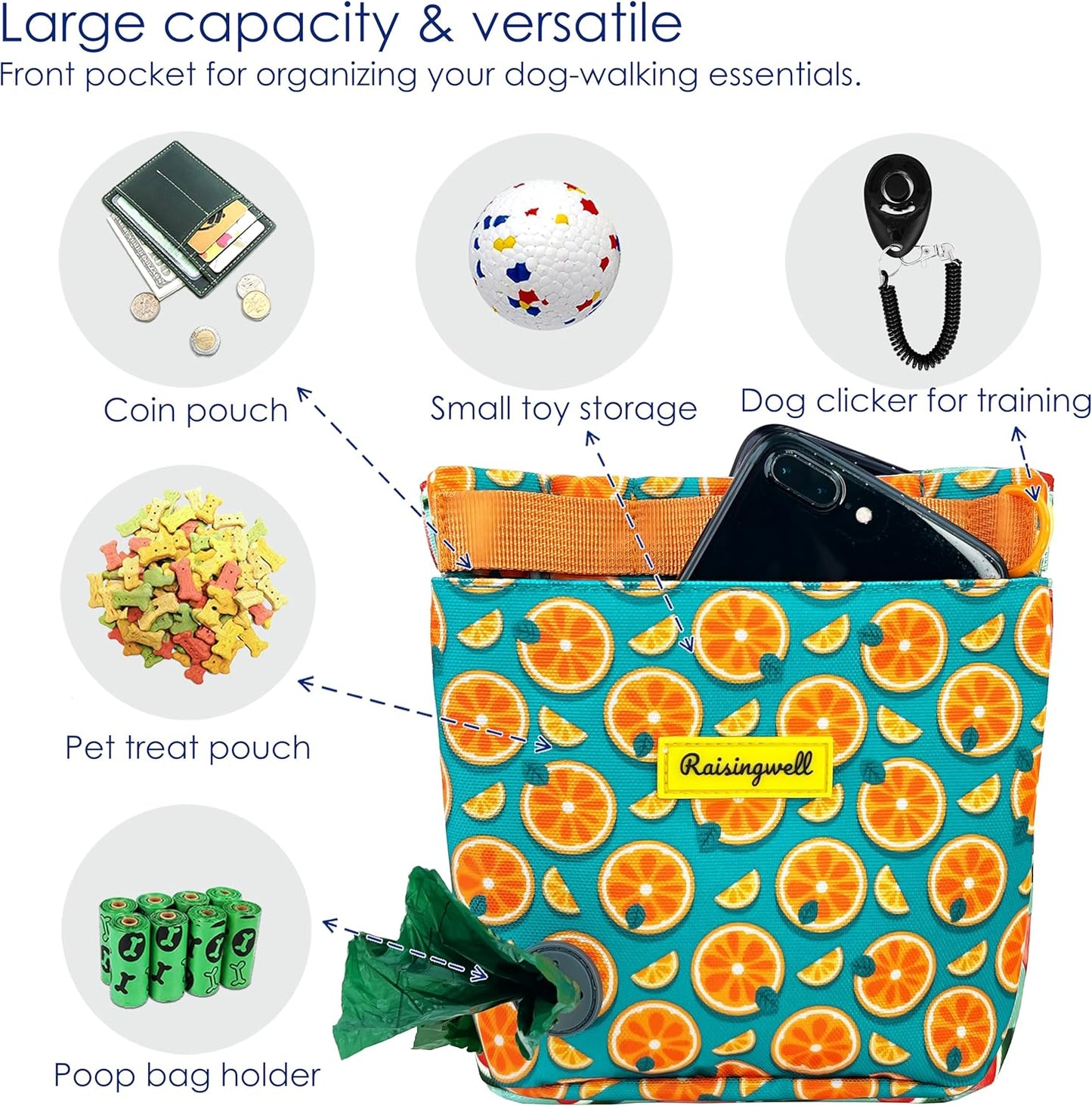 Dog Treat Pouch for Pet Walking and Training with Clicker 2 Cup Silicone Bag Small Fanny Pack Holder for Puppy Snack Dispenser Kit for Leash and Outdoor Use (Fruit Orange)