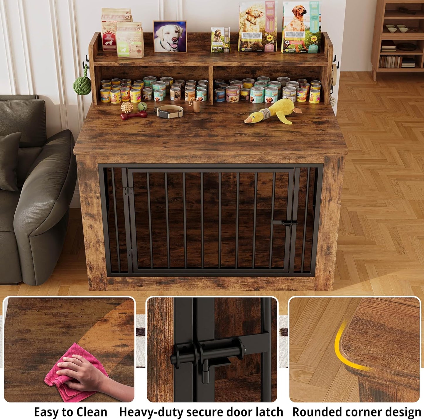 IRONCK Extra Large Dog Crate Furniture, 43.3 inches Wooden Dog Crate with Storage and 4 Hooks, Heavy Duty Pet Crate for Large Dog, Decorative Pet Cage for Indoor (30" L x 43.3" W x 41.1" H)