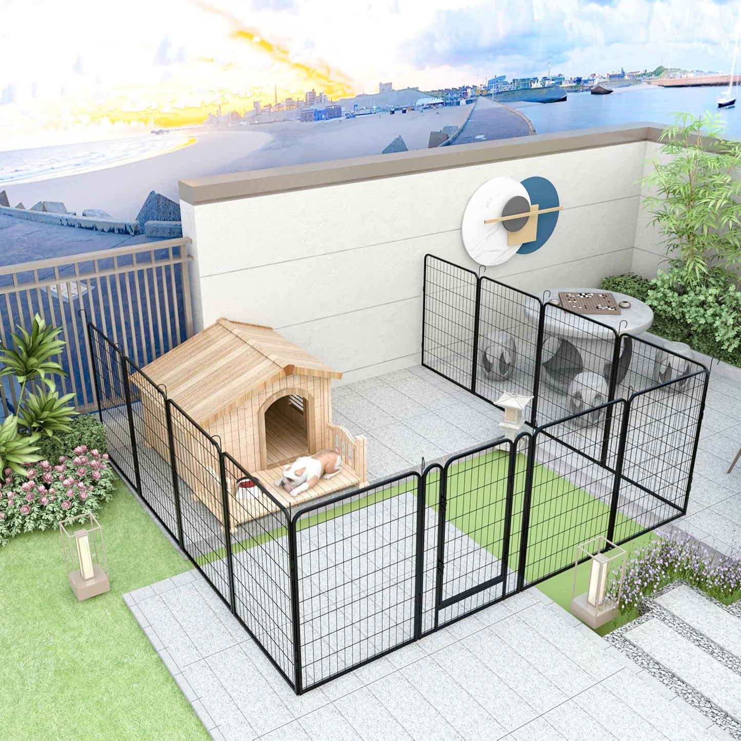 Dog Playpen, Outdoor Dog Fence, 8 Panels, 40" H Dog Pen for Large/Medium/Small Dogs, Heavy Duty Metal Pet Fence with Gate, Portable Dog Fence for RV Camping and Yard (Black)