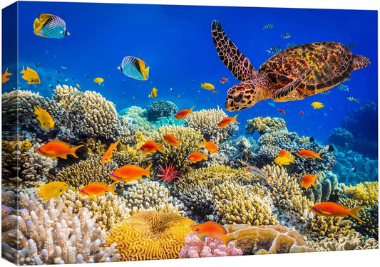 wall26 Canvas Print Wall Art Neon Coral Reef Blue Hippo Tang Fish Turtle Nature Animals Photography Realism Rustic Scenic Landscape Wilderness Colorful for Living Room, Bedroom, Office - 16"x24"