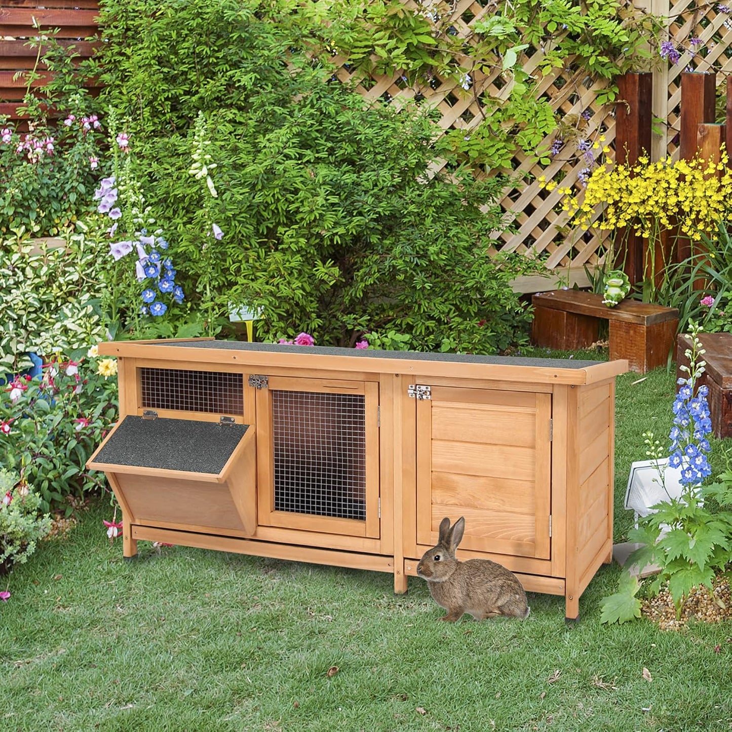 PawHut Wooden Rabbit Hutch Bunny Hutch Cage Guinea Pig with Waterproof Roof, No Leak Tray and Feeding Trough, Indoor/Outdoor, Natural