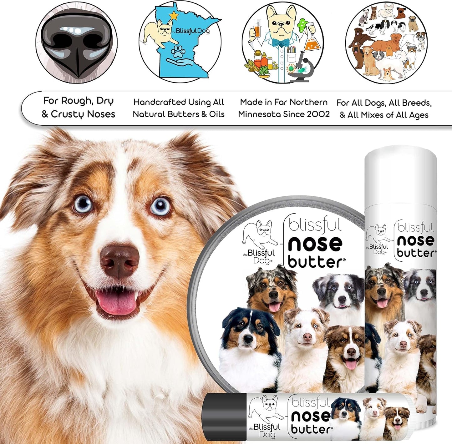 The Blissful Dog Australian Shepherd Nose Butter for Dry, Cracked Skin, Lick-Safe Dog Nose Balm with Moisturizing Shea Butter, Almond, Olive, and Essential Oils, Pet Supplies, Uncented, 1 oz.