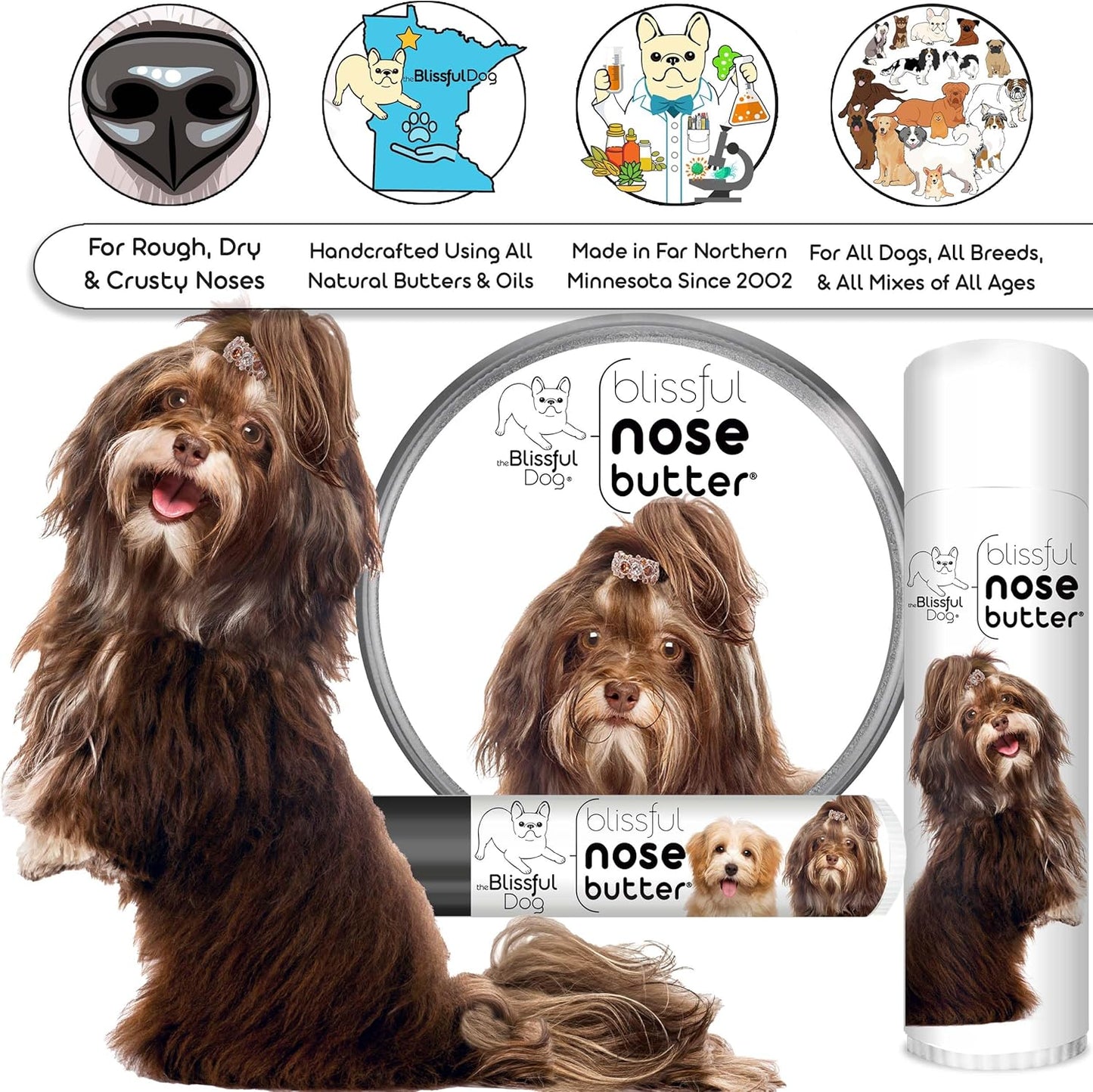 The Blissful Dog Havanese Nose Butter for Dry, Cracked Skin, Lick-Safe Dog Nose Balm with Moisturizing Shea Butter, Almond, Olive, and Essential Oils, Pet Supplies, Uncented, 0.50 oz.