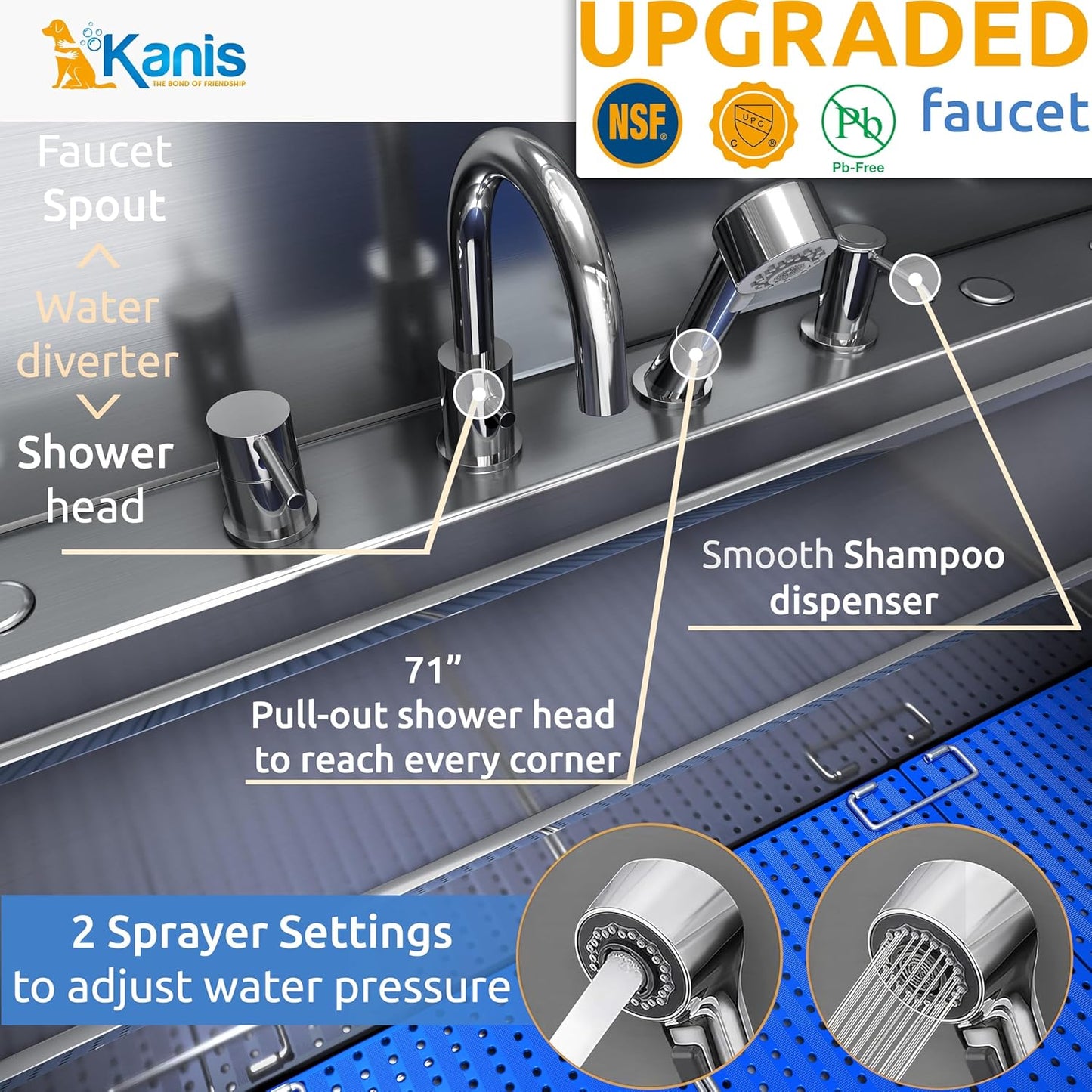 KANIS Professional Dog Washing Station - 304 Stainless Steel Pet Wash Sink & Grooming Bath Tub for Home with Ramp, Shower, Floor Grate, Storage Drawer, Faucet, Drain Kit for Large, Medium & Small Pets