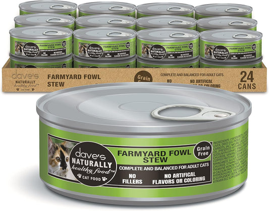 Dave's Pet Food Grain Free Wet Cat Food (Farmyard Fowl, Chicken & Duck), Made in USA Naturally Healthy Canned, Added Vitamins & Minerals, 5.5 oz Cans (24 Pack)