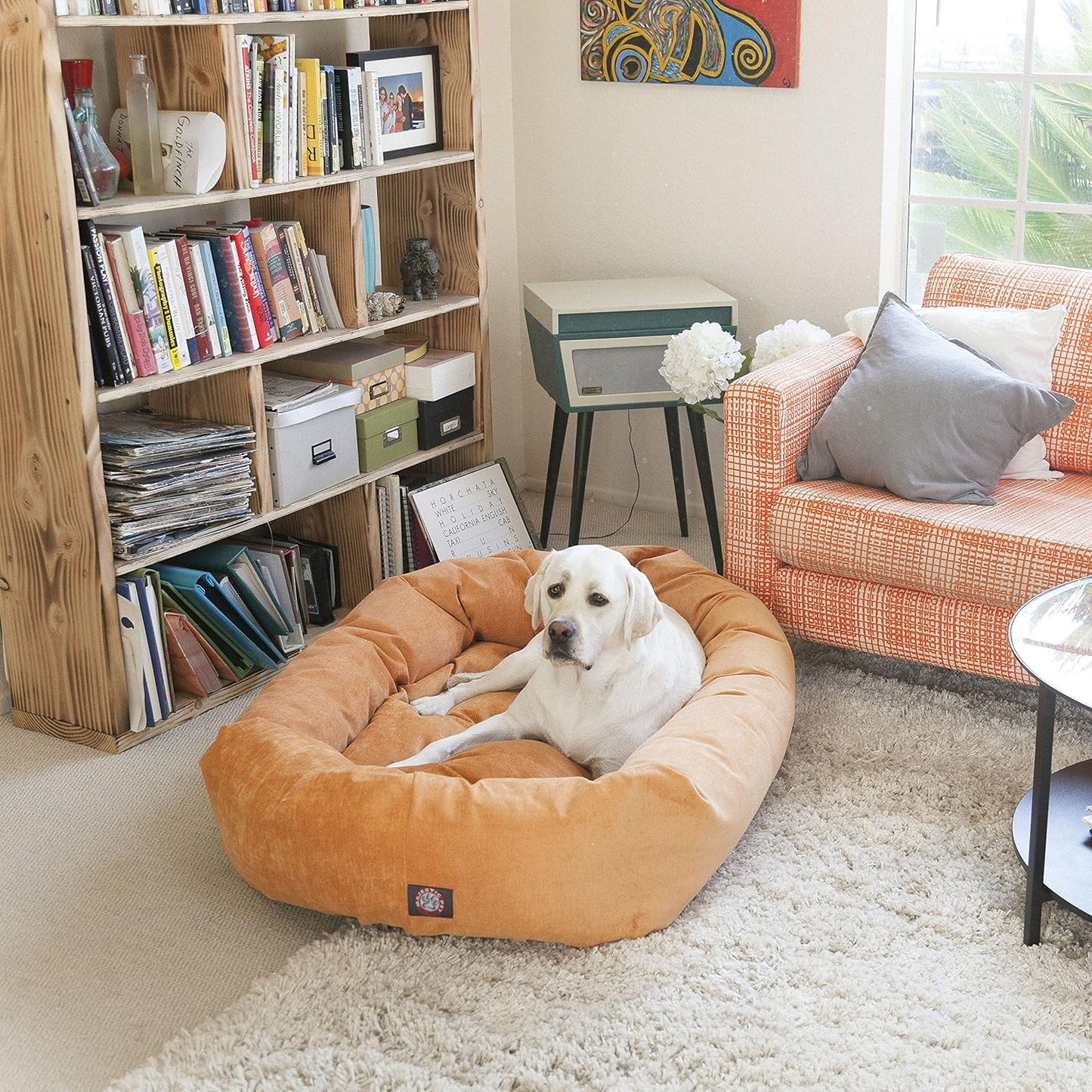 Majestic Pet 40 Inch Micro Velvet Calming Dog Bed Washable – Cozy Soft Round Dog Bed with Spine for Head Support - Fluffy Donut Dog Bed 40x29x9 (inch) – Round Pet Bed Large – Pearl